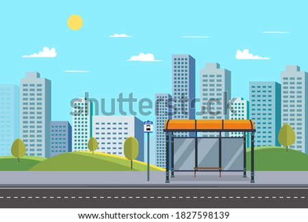 Bus stop on main street urban.Public park with city and bus stop and nature landscape.Bus stop sign in downtown.Vector illustration	