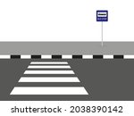 Bus stop on the sidewalk near the pedestrian crossing