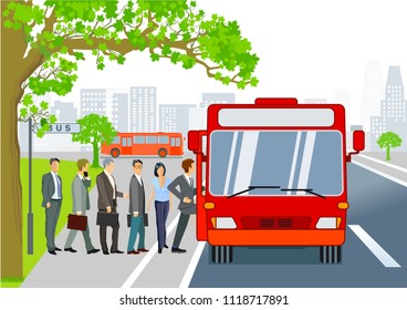 Bus stop with bus and passengers