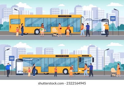 Parada de autobús con pasajeros. Autobús público para el transporte de pasajeros. Ilustración del vector