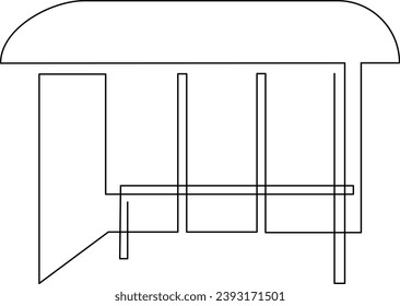 Bus stop. A pavilion for waiting for public transport, installed along highways and streets. Continuous line drawing. Vector illustration.