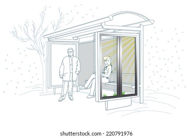 Bus stop with people