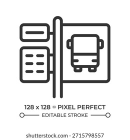 Icono de línea perfecta de píxel de parada de autobús. Señal de tráfico en la estación de transporte público. Información para los pasajeros. Ilustración vectorial aislada. Símbolo de contorno. Dibujo lineal simple. Trazo editable