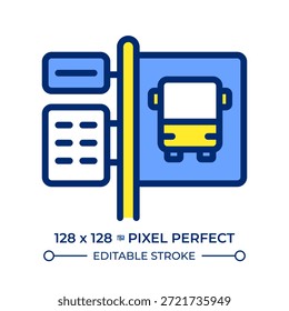 Icono de color de línea perfecta de píxeles de parada de autobús. Señal de tráfico en la estación de transporte público. Información para los pasajeros. servicio Urbana. Ilustración vectorial aislada. Diseño de símbolo colorido plano. Trazo editable