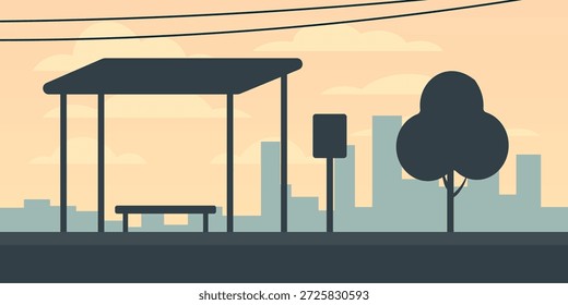 Ilustración de la silueta de la plataforma de la parada de autobús. Envergadura de techo de refugio simple. Detalle de poste de señal de horario. Forma de árbol cercano. Tranquila escena de tránsito diario.