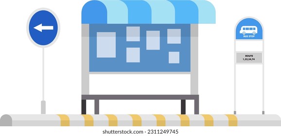 Bus stop with pole sign vector illustration.Flat bus station scene.City bus stop