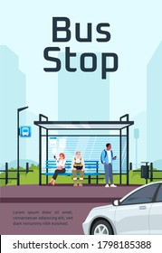 Bus stop poster template. Commercial flyer design with semi flat illustration. Vector cartoon promo card. Urban public transport station, shelter with cityscape advertising invitation