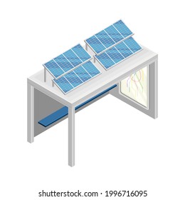 Bus Stop Powered by Solar Panel Rested on Top as Smart City Isometric Vector Illustration