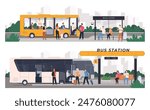 Bus stop. Public transport of people. City and intercity bus transportation. Tourist trips. Vector illustration