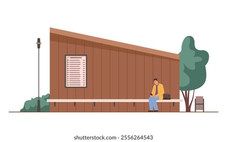 Bus stop or public transport place with timetable and bench for passengers to wait and sit. Vector isolated location with board, seat and bin. City or town commuting and traveling station