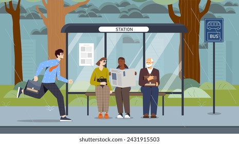 Bus stop in rainy weather. Man and women in rain sitting at bench and waiting for public transport. Urban infrastructure. Transportation and travel, trip. Cartoon flat vector illustration