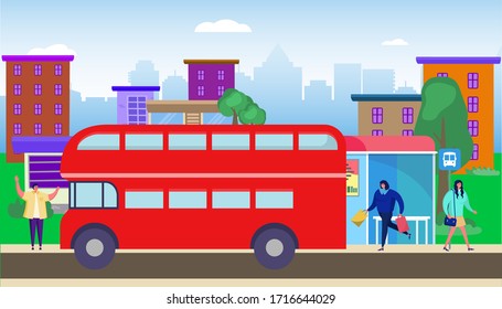 Bus stop residential area vector illustration. Transportation passengers in city. Woman with purchases come into double-decker transport. Man stop car, ride in town. Bright buidings background.