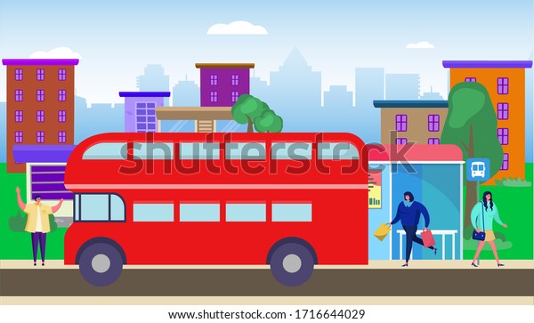 Bus stop residential area vector\
illustration. Transportation passengers in city. Woman with\
purchases come into double-decker transport. Man stop car, ride in\
town. Bright buidings\
background.