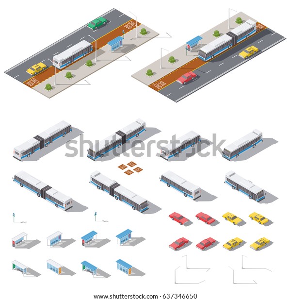バス停と道路建築のアイソメアイコンセットベクター画像グラフィックイラストデザイン のベクター画像素材 ロイヤリティフリー