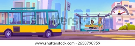 Bus stop scene with waiting passengers - yellow public transport vehicle near shelter with two people sit on bench. Urban setting with colorful buildings, modern glass station for city infrastructure.