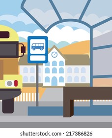 Bus stop for school bus. Back to school (vector illustration, flat concept)