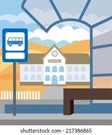 Bus stop for school bus. Back to school (vector illustration, flat concept)