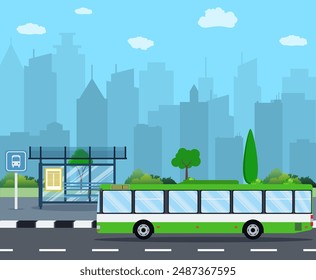 bus stop with seats and green city bus with City Skyline. Vector illustration in flat design