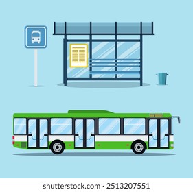 parada de ônibus com assentos e ônibus de cidade verde. ilustração vetorial em design plano sobre fundo claro