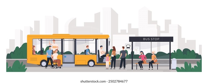 Bus stop. Seats for inclusive passengers. Public transport of people. City and intercity bus transportation. Tourist trips. Vector illustration