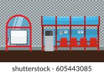 Bus stop with seats and payment kiosk. Front and side view. Flat and solid color Vector illustration.