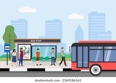 Parada de autobús con refugio en la calle de la ciudad. Paisaje urbano con estación de transporte público y edificios de fondo. Ilustración de dibujos animados.