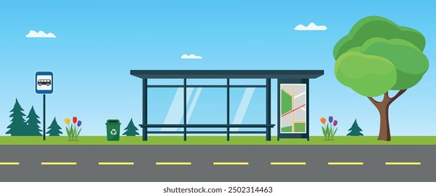 Bus stop with shelter. Bus stand. Public transportation vector illustration.