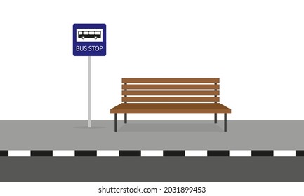 Bus stop sign and bench on sidewalk on white background