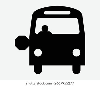Ônibus com sinal de parada e motorista ícone de visão frontal Escola de transporte Abordagem Frontal Plano Preto Branco Gráfico Ilustração Estrada Serviço de Trânsito Carro Símbolo