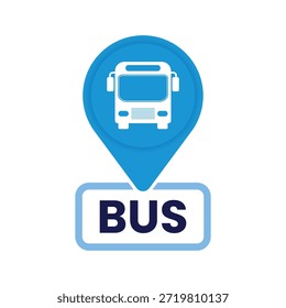 Señal de parada de autobús con pin de ubicación GPS, Clipart de la estación de transporte, vista frontal del autobús, Ilustración vectorial azul y blanca