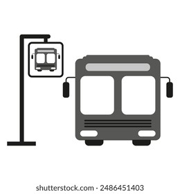 Señal de parada de autobús. Frente de autobús gris. Vector negro.