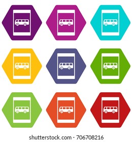 Bus stop sign icon set many color hexahedron isolated on white vector illustration