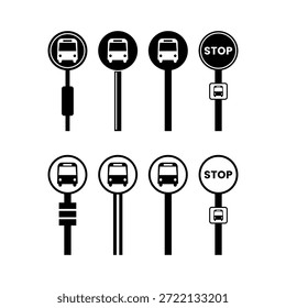 Bus stop sign icons set – round pole signs with bus symbol and STOP variants for public transit – black vector