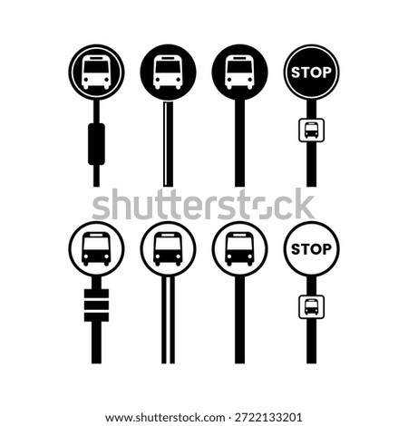 Bus stop sign icons set – round pole signs with bus symbol and STOP variants for public transit – black vector