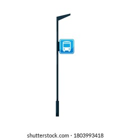 Bus stop sign on post semi flat RGB color vector illustration. Transportation road signs. Autobus station. Steel, iron busstop signpost. Isolated cartoon object on white background