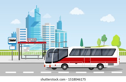 Bus stop with sign and timetable on city background with skyscrapers, public transport, urban landscape, cityscape, vector illustration