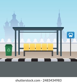 Bus stop, bus stop sign and trash can with Southeast asia tourism attraction.