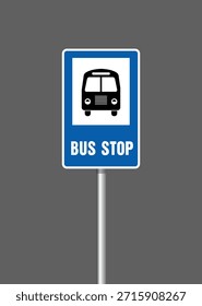 Ilustración vectorial de la señal de la parada de autobús, icono del autobús aislado, letrero público para la parada de autobús en color azul, símbolo de la parada de autobús del tablero de la señal de tráfico. Icono de autobús simple.