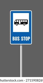 Ilustración vectorial de la señal de la parada de autobús, icono del autobús aislado, letrero público para la parada de autobús en color azul, símbolo de la parada de autobús del tablero de la señal de tráfico. Icono de autobús simple.