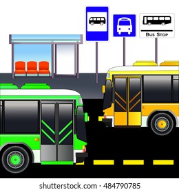 Bus stop with signs, vector illustration, isolated on white. Icon. Flat style