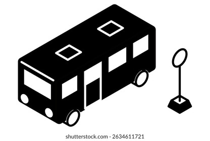 Bus and bus stop, simple black and white line drawing isometric illustration, Vector Illustration