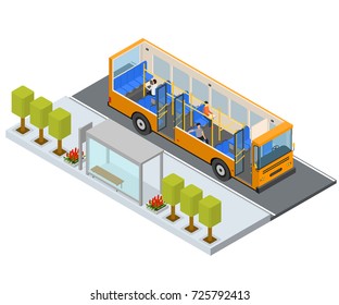 Bus Stop Station Autobus with People and Seats Isometric View Public Transport City. Vector illustration of Bus and Seat