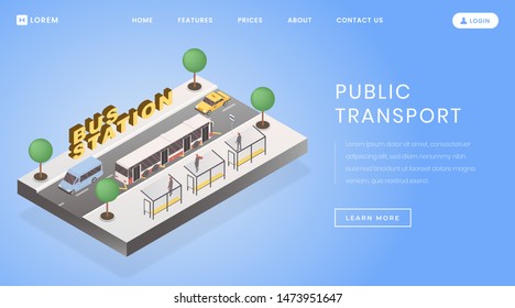 Bus stop, station landing page vector template. Public transportation website homepage interface idea with flat vector illustrations. Interurban tours service web banner, webpage cartoon concept