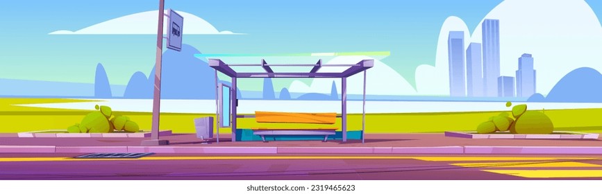 Bus stop station on city road background near sign. Public transport construction on street with bench and glass. Transportation highway near park crosswalk and cityscape view cartoon summer concept.