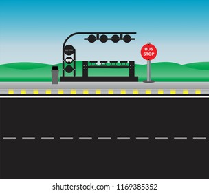Bus Stop and Station with road and landscape background vector
