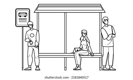 Bus Stop Station Vector. Bilboard City Poster, Street Empty Blank, Road Banner, Outdoor Ad Bus Stop Station Character. People Black Line Pencil Drawing Vector Illustration