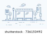 Bus stop, street light, public transport timetable or information board, sign and trees against sky with clouds on background drawn with contour lines in monochrome colors. Vector illustration.