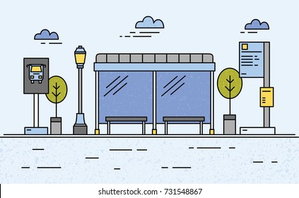 Bus stop, street light, public transport timetable and information for passengers, sign and trees against sky with clouds on background. City transportation system. Vector illustration in flat style.