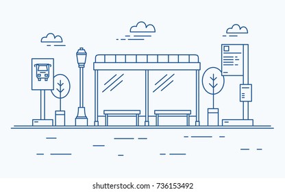 Bus stop, street light, public transport timetable or information board, sign and trees against sky with clouds on background drawn with contour lines in monochrome colors. Vector illustration.
