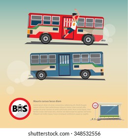 Bus with bus stop structure. city transit concept. logotype - vector illustration